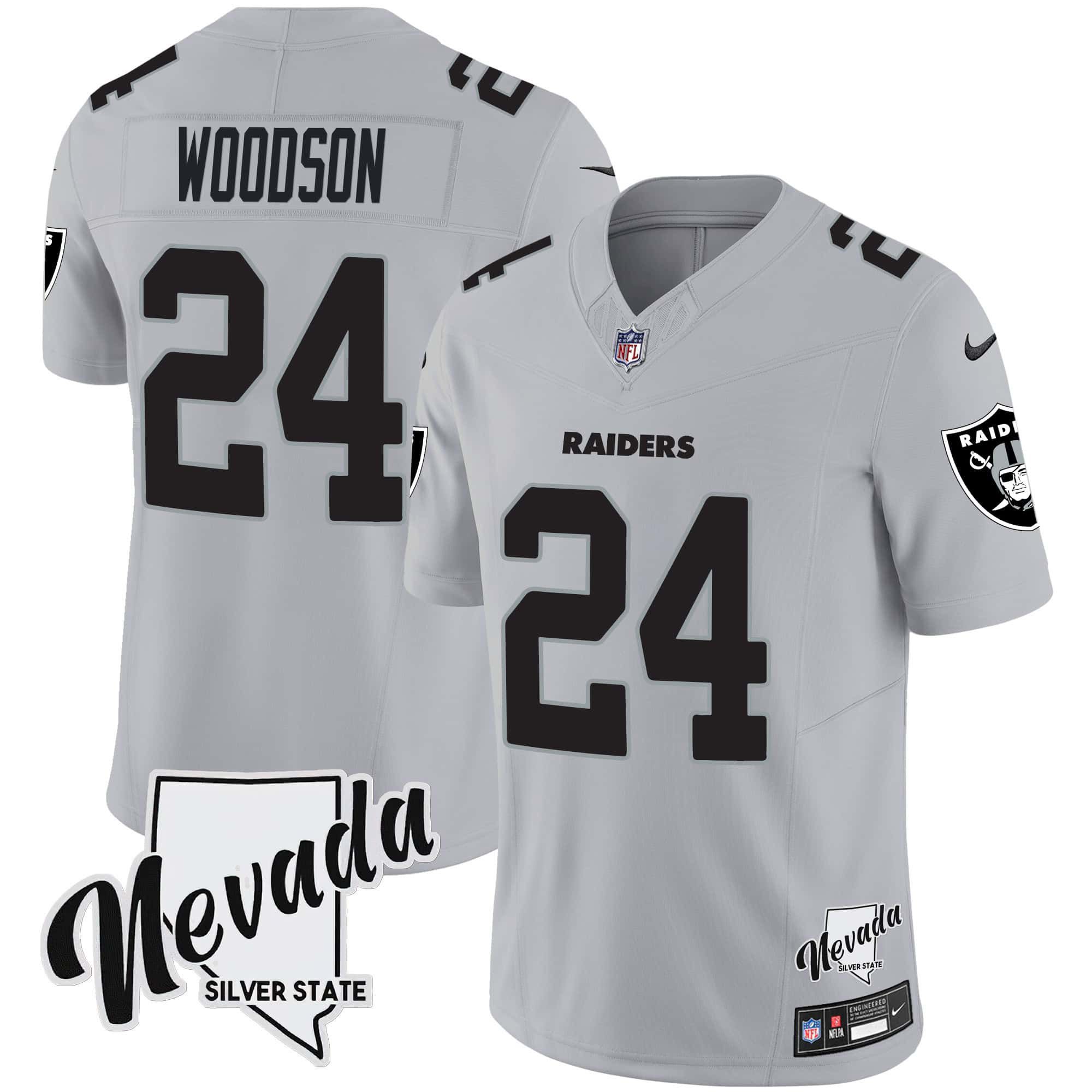 Men Oakland Raiders 24 Woodson Grey 2024 Nike Nevada Silver State Patch Vapor NFL Jersey